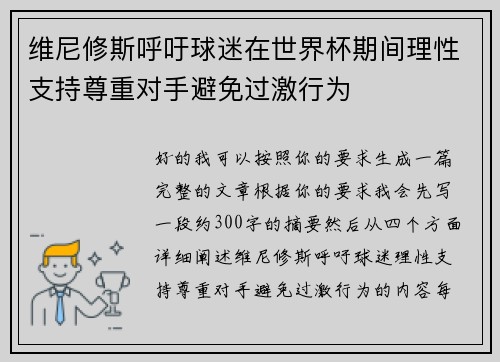 维尼修斯呼吁球迷在世界杯期间理性支持尊重对手避免过激行为